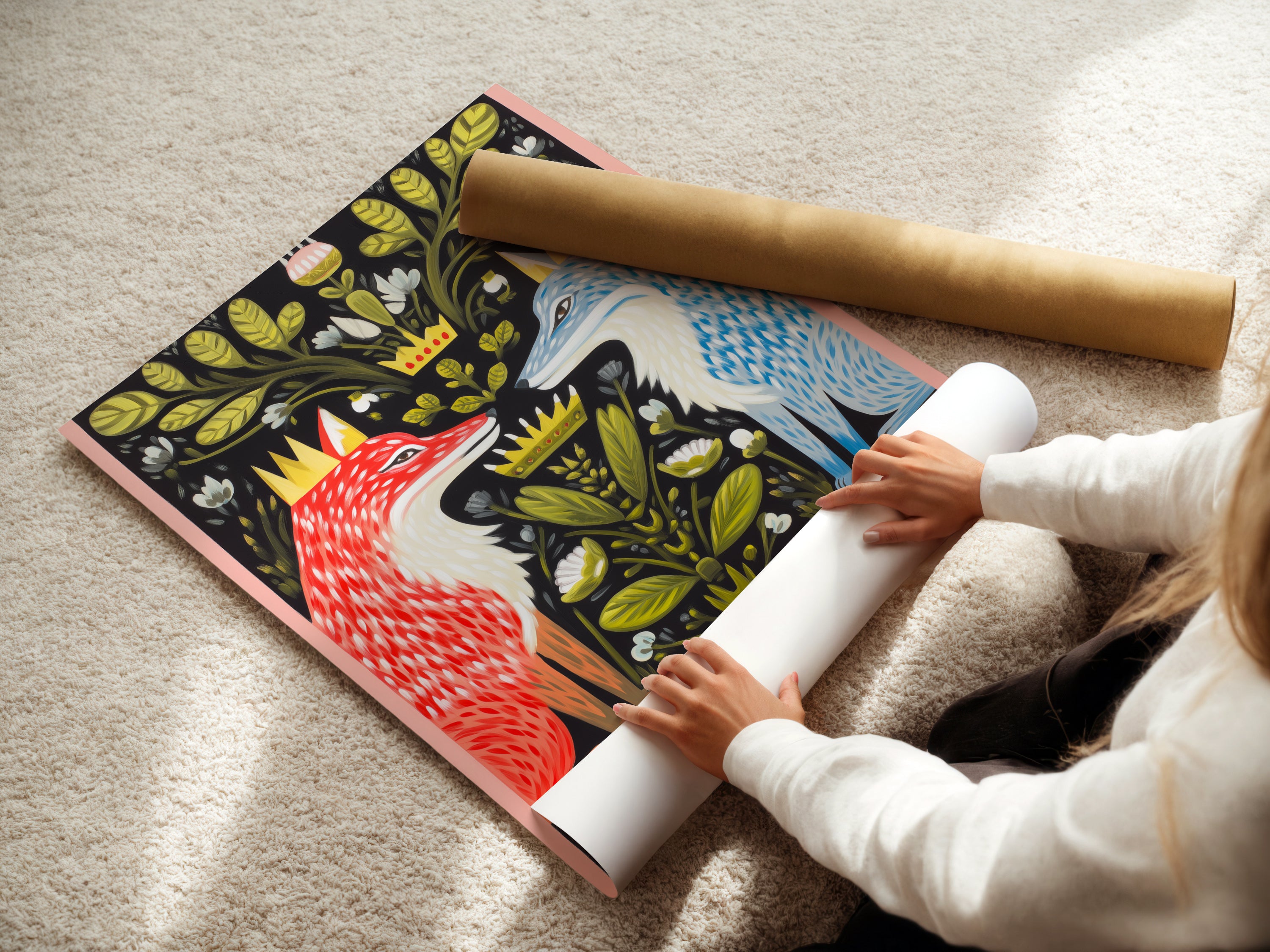A woman is shown carefully rolling a fine art poster paper. This demonstrates the care in handling artwork. The Fox Chess artwork is available as a poster. Ideal for those who prefer a lightweight option. Perfect for renters and homeowners. This fine art print is stunning.