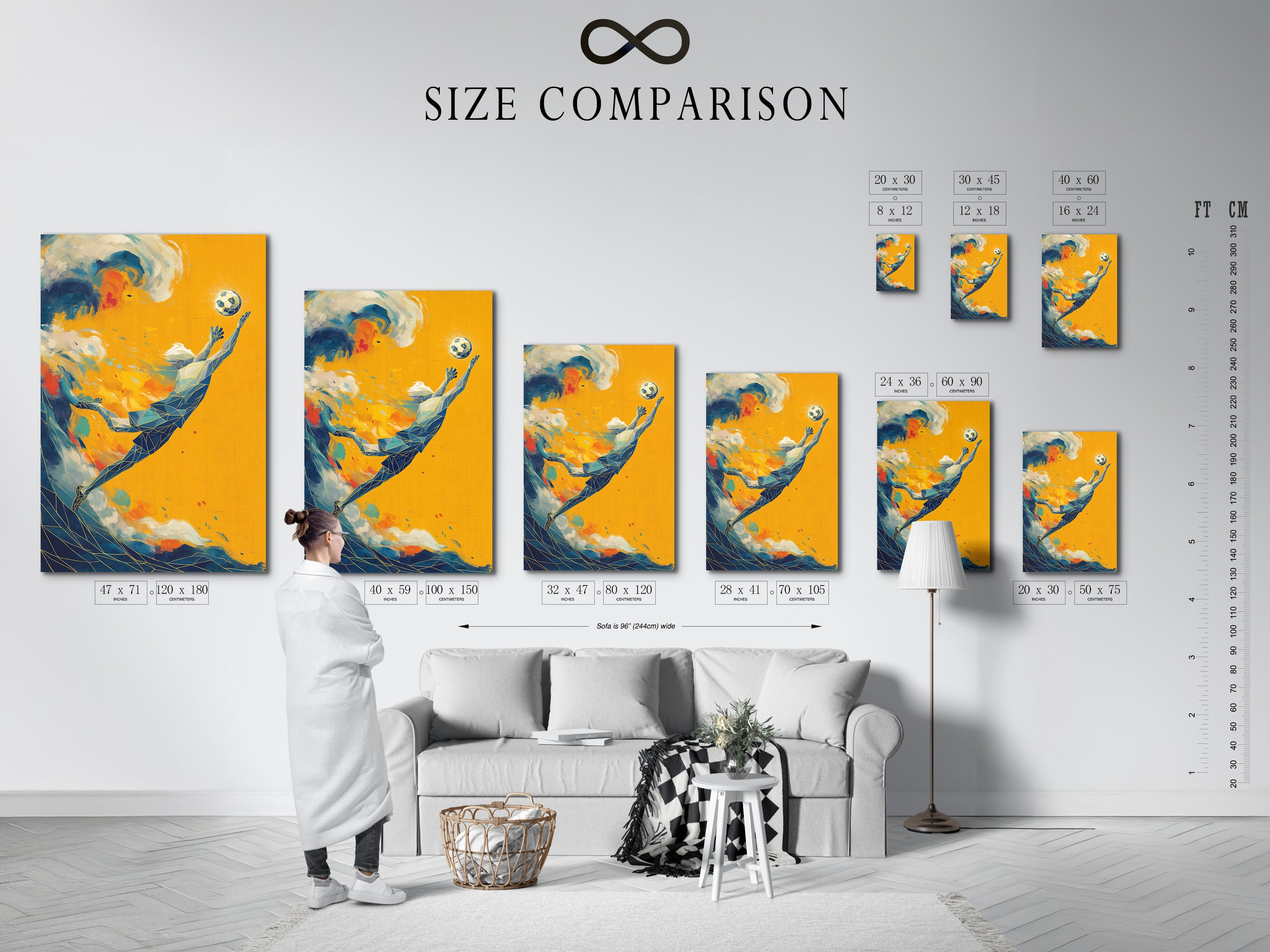 Size comparison chart of soccer art prints in an interior setting. Visualize the perfect fit for your space with our size options. This modern sports wall art is available in various sizes to suit your decor needs. Find the ideal size for your abstract football player canvas art.