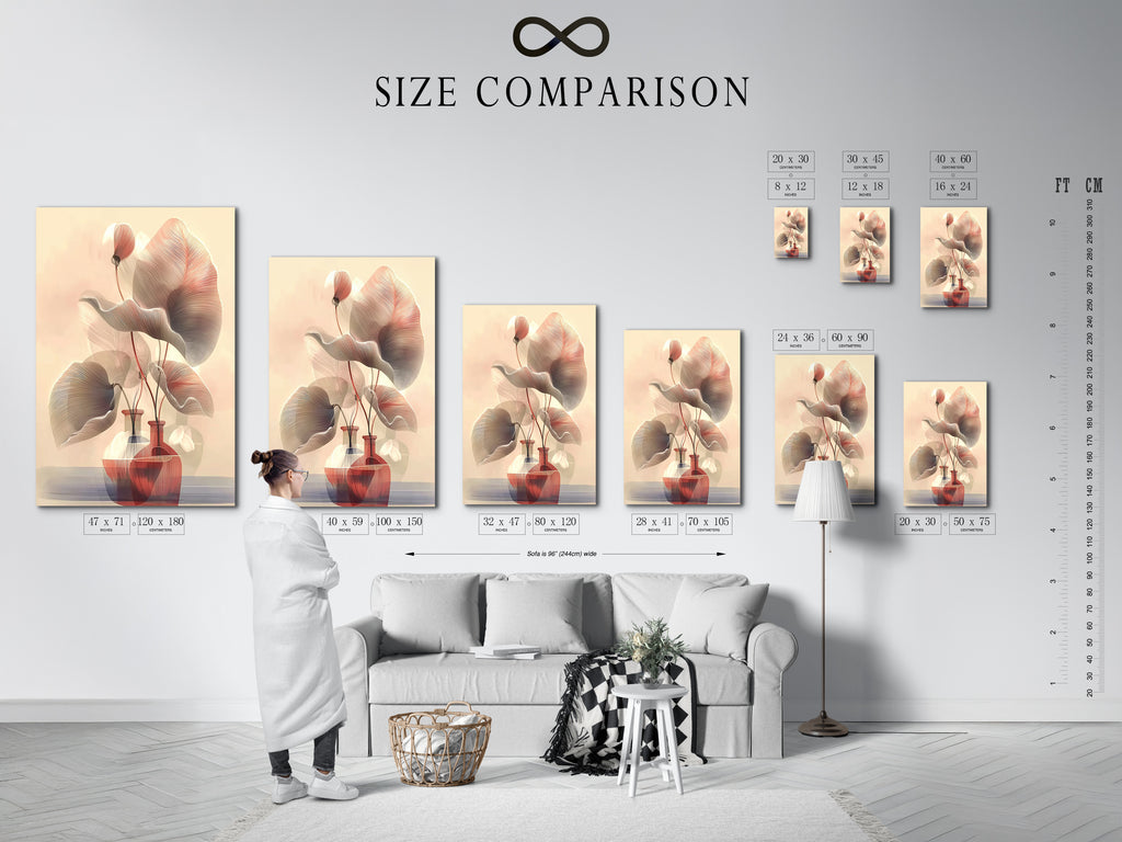 Size comparison chart displayed in an interior setting. See how botanical line art fits in your space. Choose the perfect dimensions for your floral canvas. Ideal for bedroom wall decor and living room wall art. Visualize your modern art print.