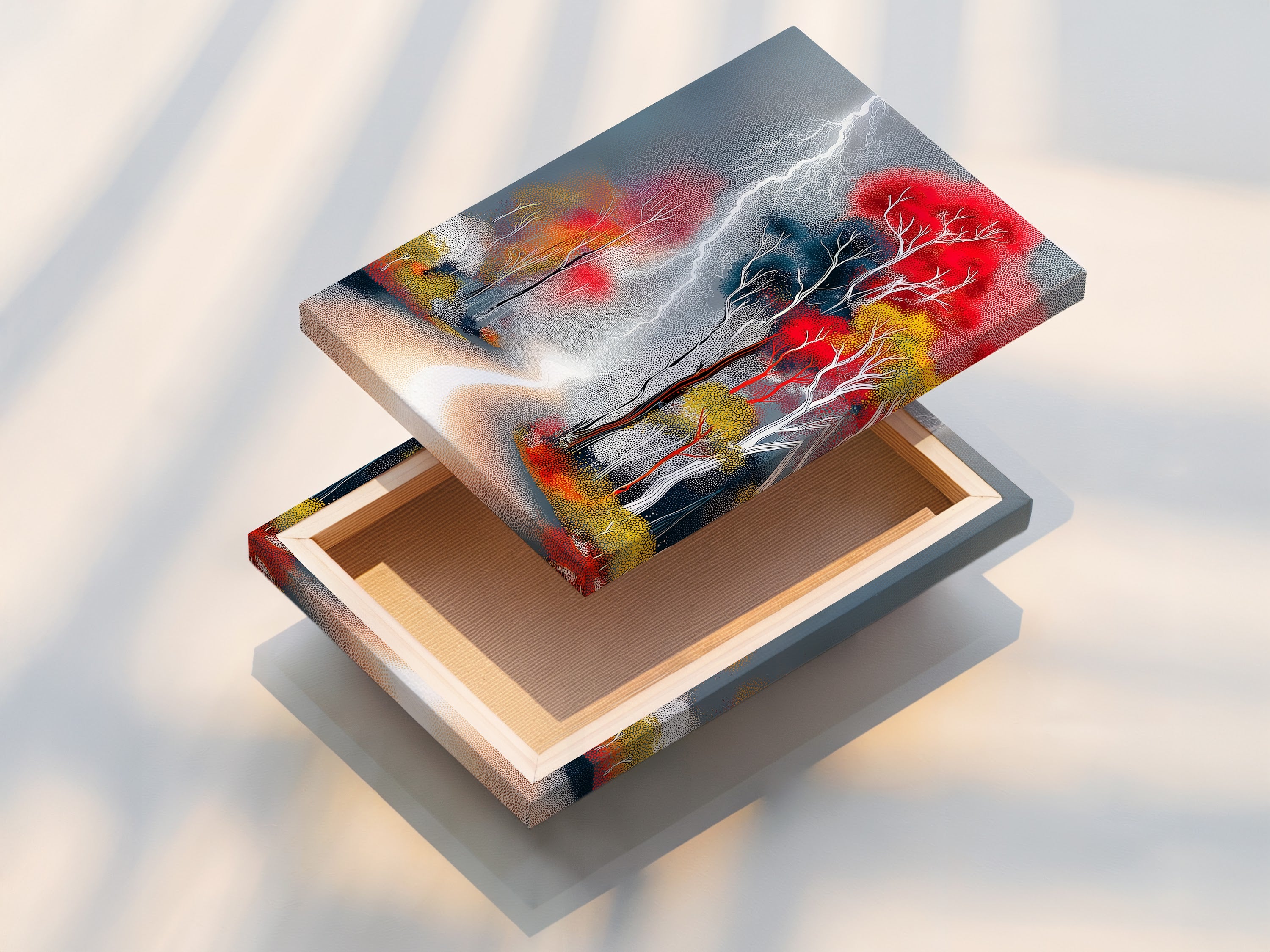 A stretched canvas print of the 'Lightning Forest' artwork. The art features colorful trees and a modern storm. The stretched canvas provides a gallery-ready look. Perfect for adding a touch of nature to your walls. Transform your space with this modern artwork.