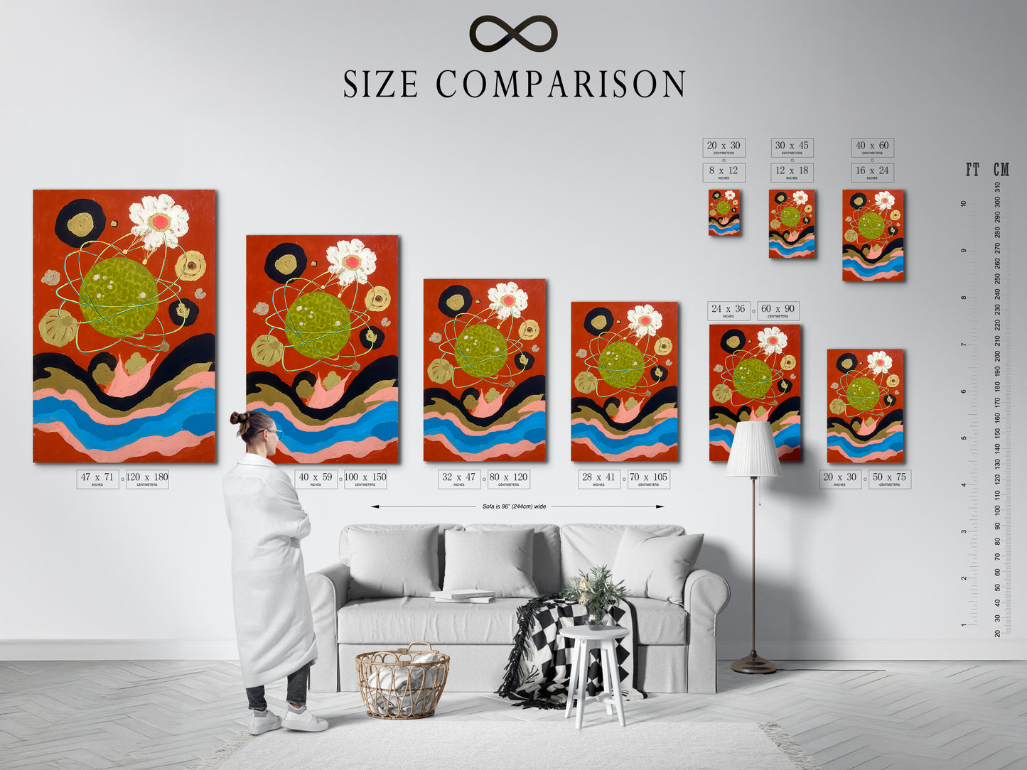 This is a size comparison chart of the cosmic abstract art print. The celestial collage wall art is modern surreal. The abstract collage is great for bedroom wall decor. See what size fits best in your home.