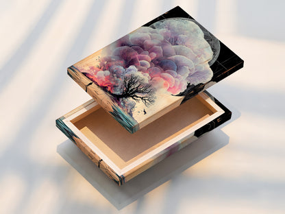 This is a stretched canvas print featuring a surreal landscape artwork. The art includes an ethereal tree and a solitary figure. The stretched canvas enhances the dreamy fantasy wall art. This piece is perfect for creating a tranquil atmosphere in any room. Ideal for meditation decor and modern home styles.