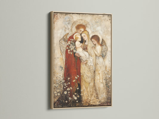 This is the Madonna and Child Renaissance religious artwork in an oak frame. The artwork is displayed on a white wall. It is ideal for traditional rustic or eclectic decor styles.