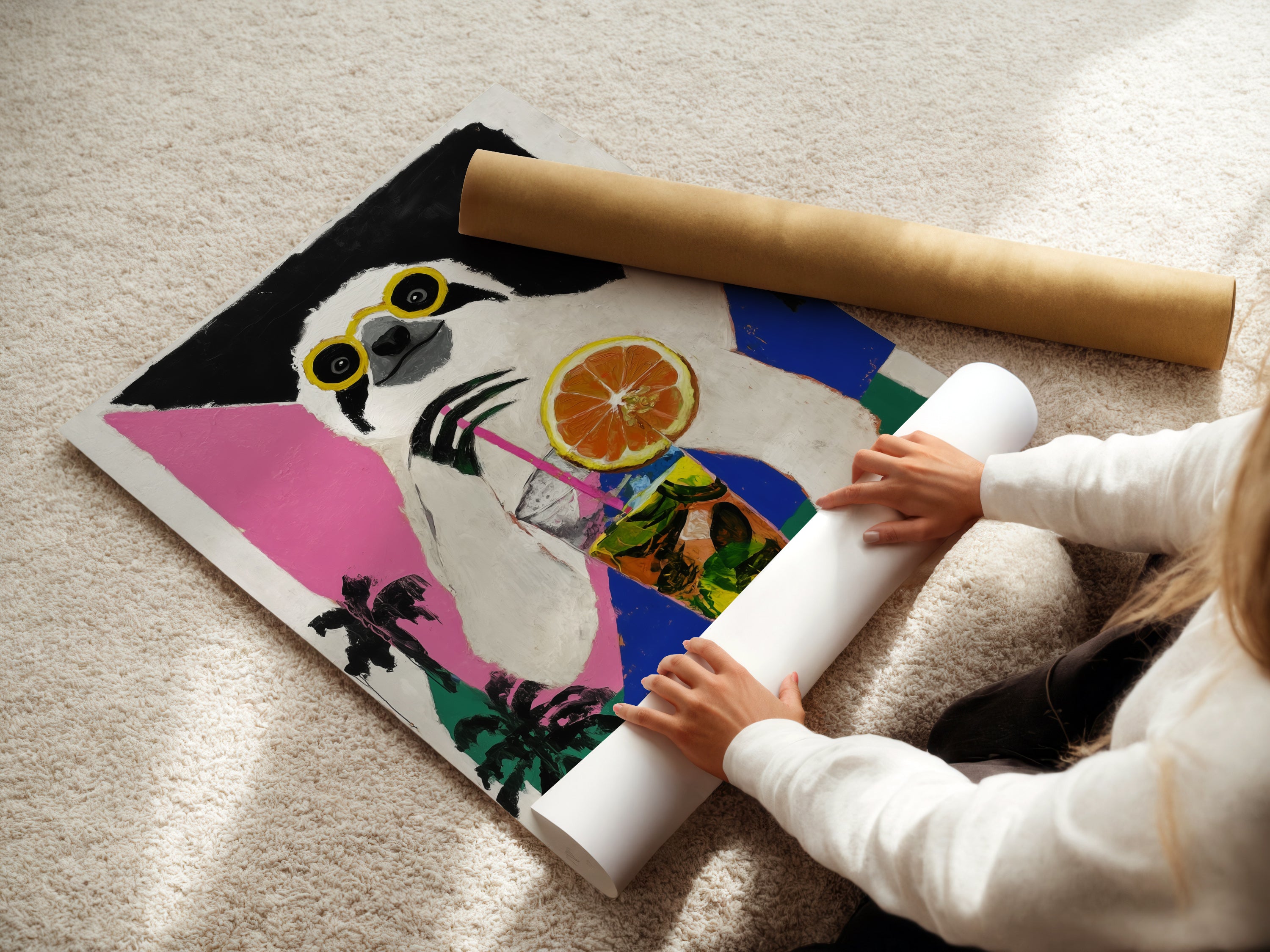 A woman is carefully rolling a fine art poster paper print. This Sloth Cocktail artwork is perfect for tropical animal art lovers. The fine art poster paper ensures a high-quality vibrant print. It is ready to frame and display.