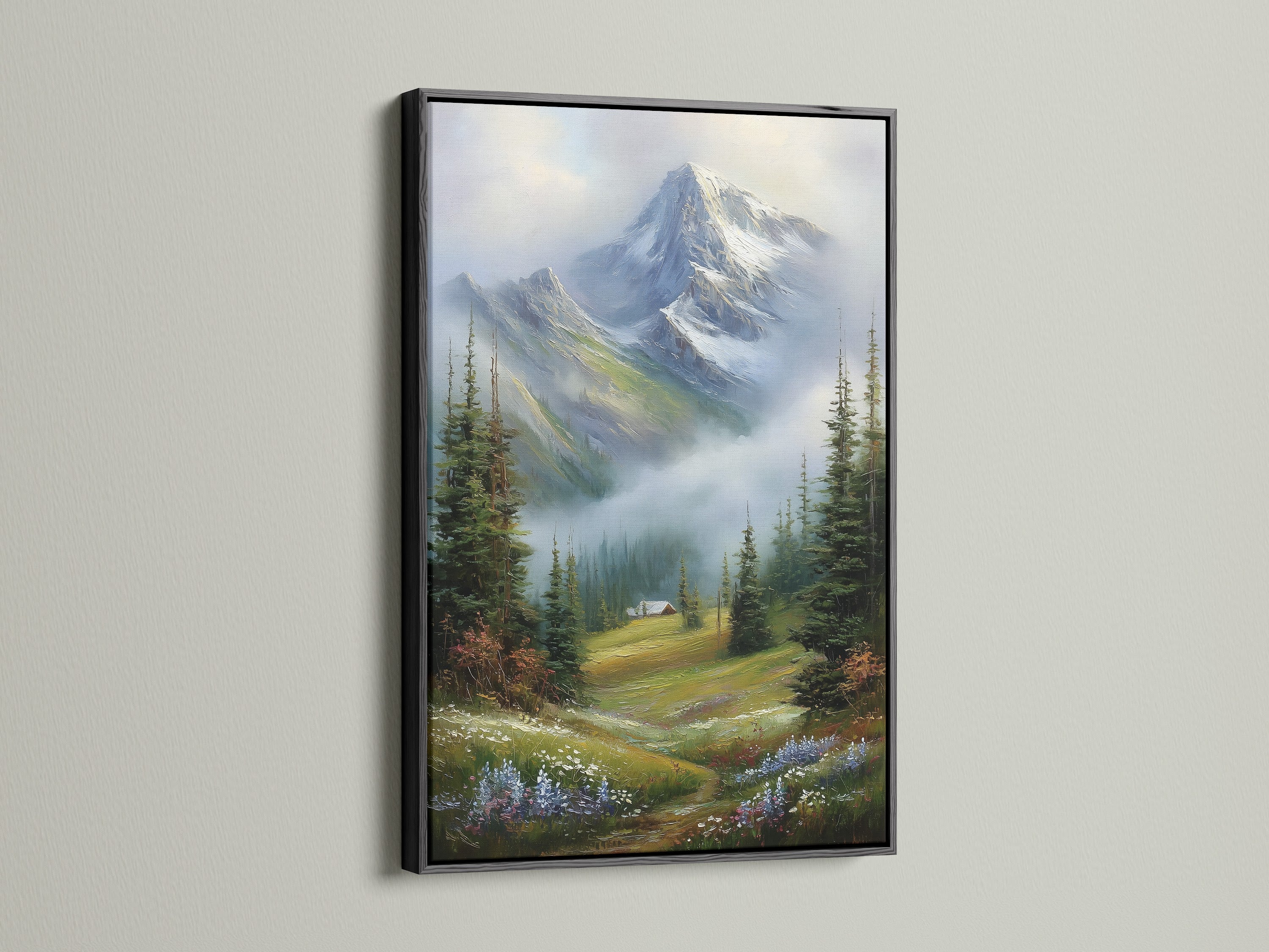 This artwork features a striking black frame. The mountain landscape artwork is sophisticated. The black frame adds depth and contrast. It makes the colors pop. Add instant drama to your interior with framed artwork.