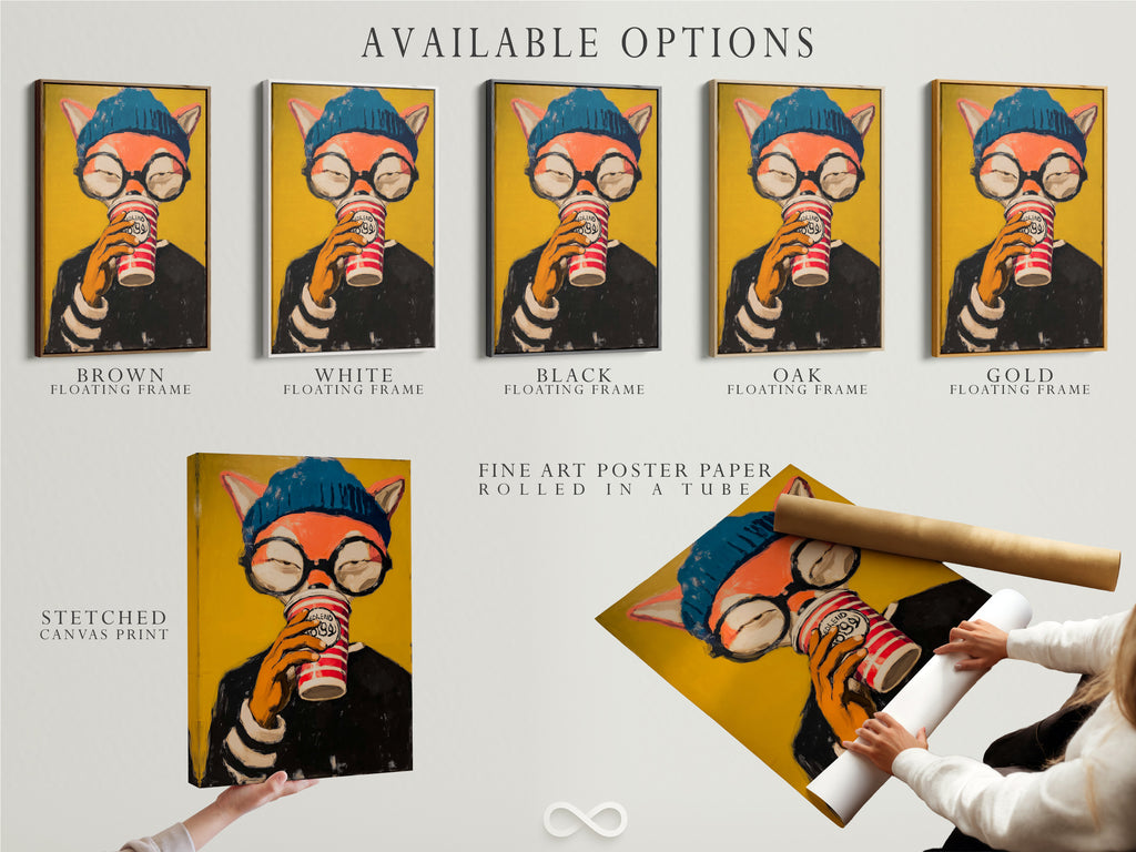 Explore the available options for our hipster fox artwork. Options include stretched canvas prints fine art poster paper and floating frames. Customize your art to fit your unique style and space. Elevate your home office or coffee shop decor.