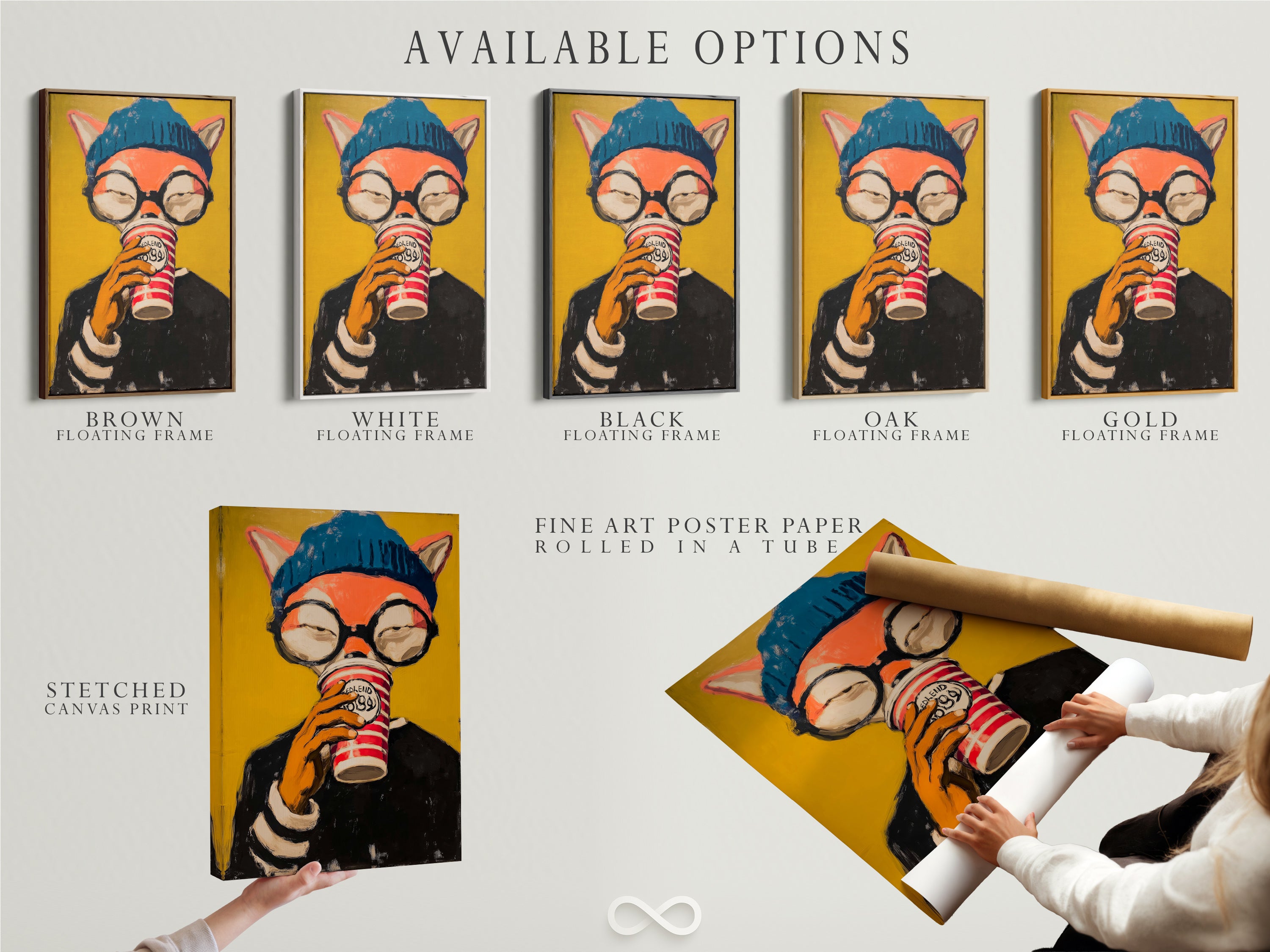 Explore the available options for our hipster fox artwork. Options include stretched canvas prints fine art poster paper and floating frames. Customize your art to fit your unique style and space. Elevate your home office or coffee shop decor.