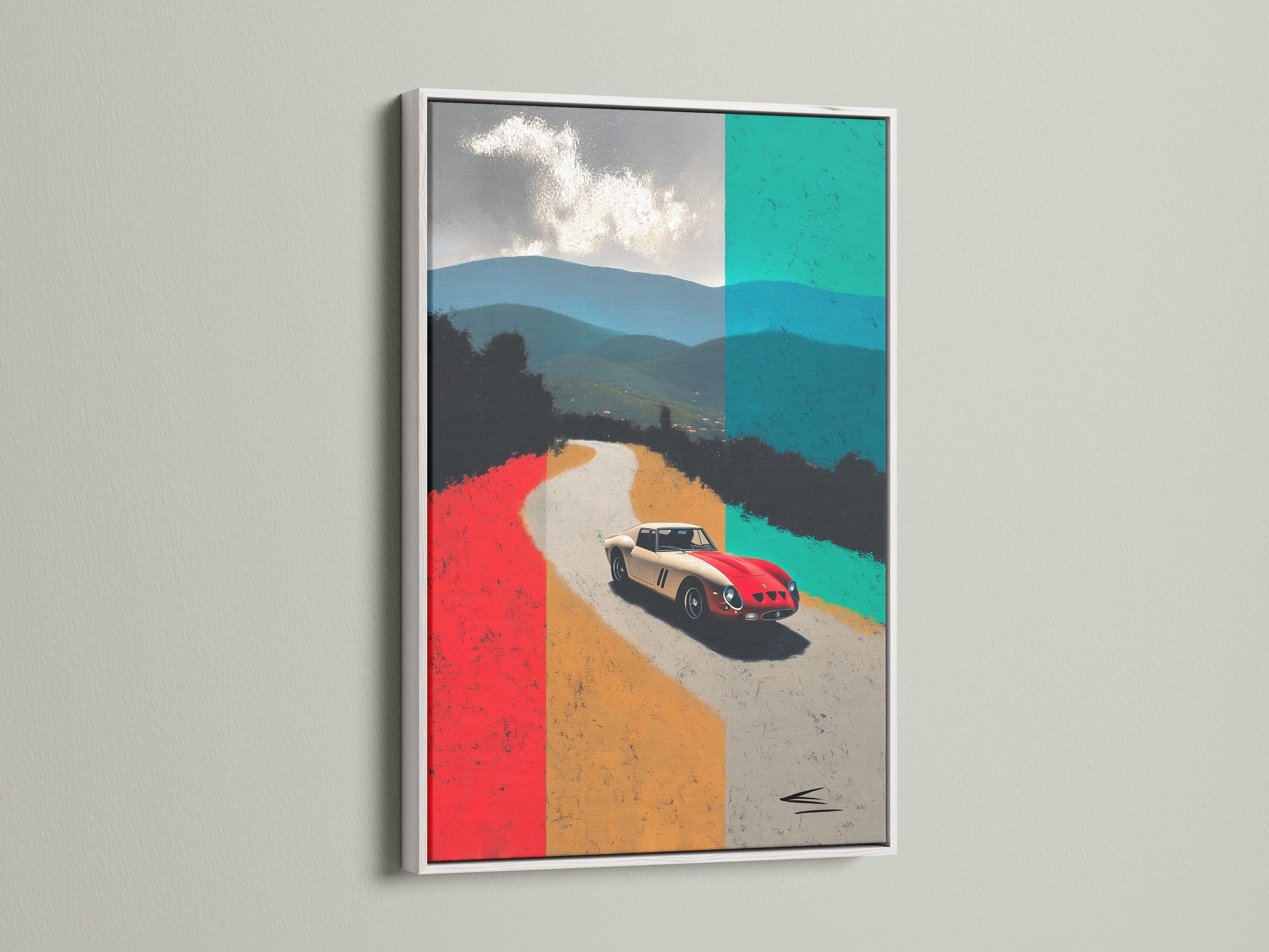 Retro car poster in a clean white frame. The artwork depicts a vintage sports car on a colorful road. The white frame enhances the mid-century modern artwork. Perfect for adding a pop of color to your office or living space.  Enhance your decor today.