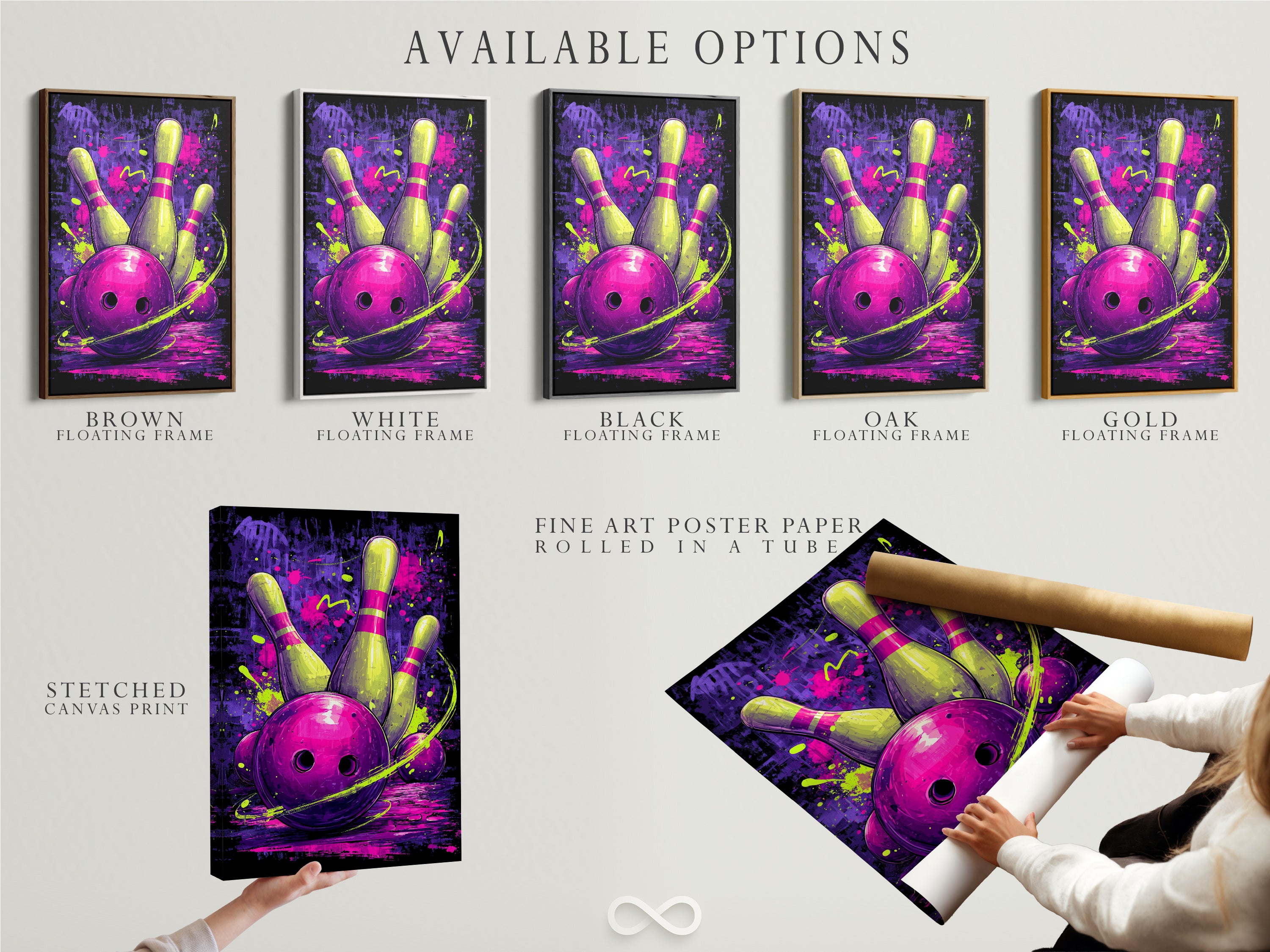 Discover available options for this neon purple sports wall art. Options include a stretched canvas print fine art poster paper and floating frame. Customize the retro bowling alley canvas print to suit your game room decor. Perfect for showcasing the bowling strike artwork.