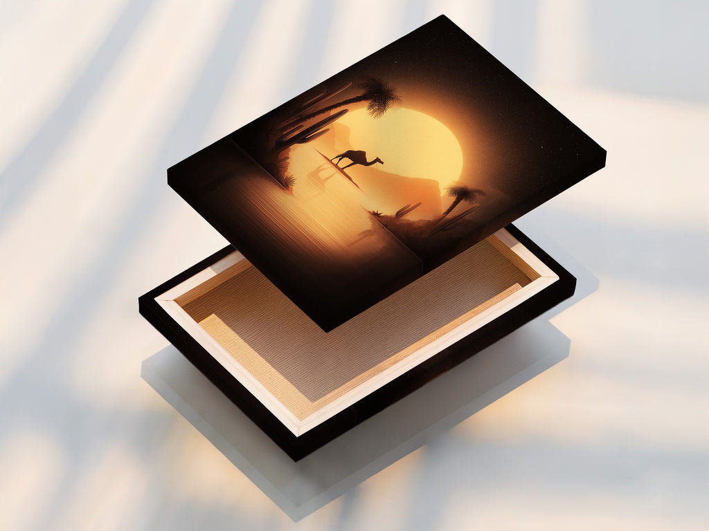 Stretched canvas print of the desert camel artwork. This print provides a ready to hang display. The warm golden tones create a serene atmosphere in any room.