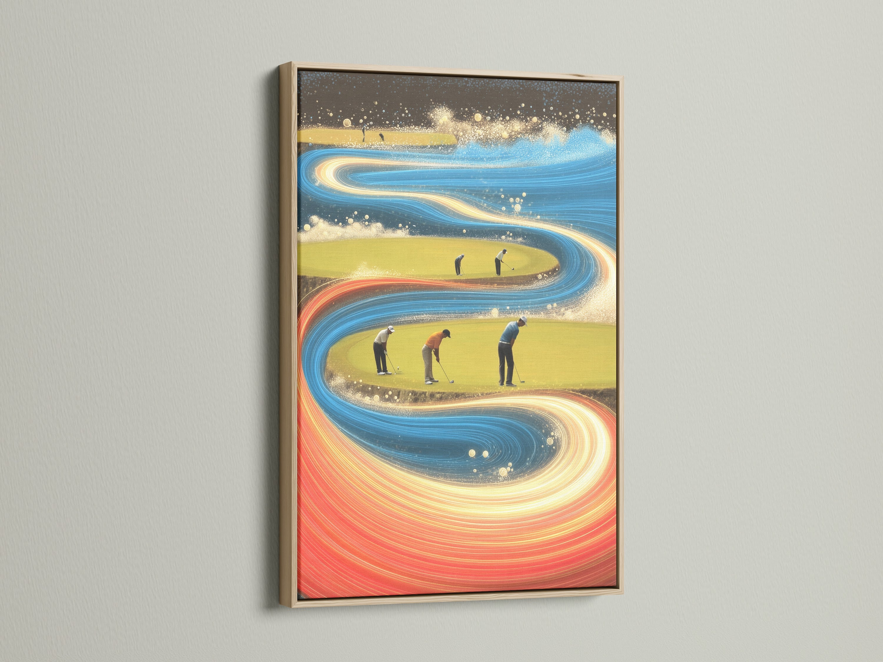 Elevate your space with this golf wall art featuring an oak frame. The colorful golfer canvas print brings modern sports artwork to your walls. This sports canvas print is ideal for contemporary minimalist or sports themed styles.