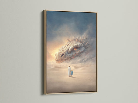 Surreal fantasy art print in an oak frame. The artwork features a desert landscape with a mystical creature. It brings a touch of fantasy to your living space. The oak frame enhances the artwork's warmth and complements contemporary styles. This piece is ideal for living rooms and bedrooms.