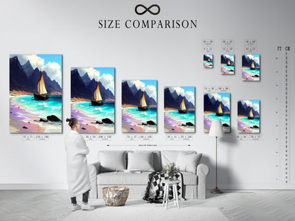 Size comparison chart in interior setting. Sailboat art is shown in a coastal print. The seascape canvas enhances nautical wall art. Teal artwork complements ocean view art. Beige wall art adds elegance.