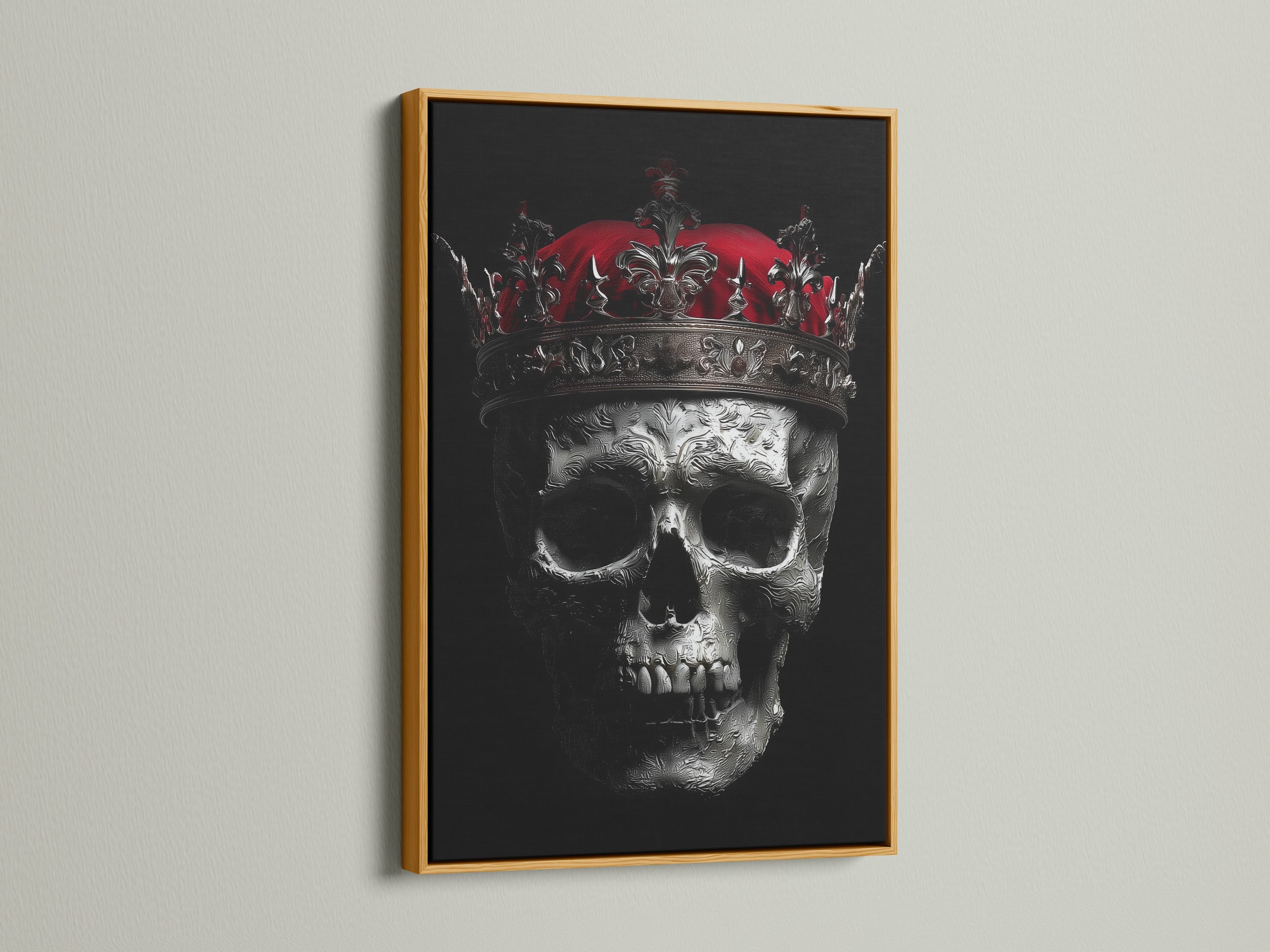 The Skull King canvas print is presented in a gold frame. This gothic decor brings a touch of royalty to macabre art. Ideal as spooky decor for a study room. It features a skeleton print with victorian style elements.