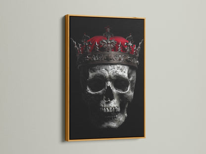 A gold frame enhances the skull king canvas print featuring a gothic crown. The dark macabre artwork adds a touch of elegance. Ideal for homeowners renters and interior decorators. This gothic wall decor elevates studios lobbies and clinics.