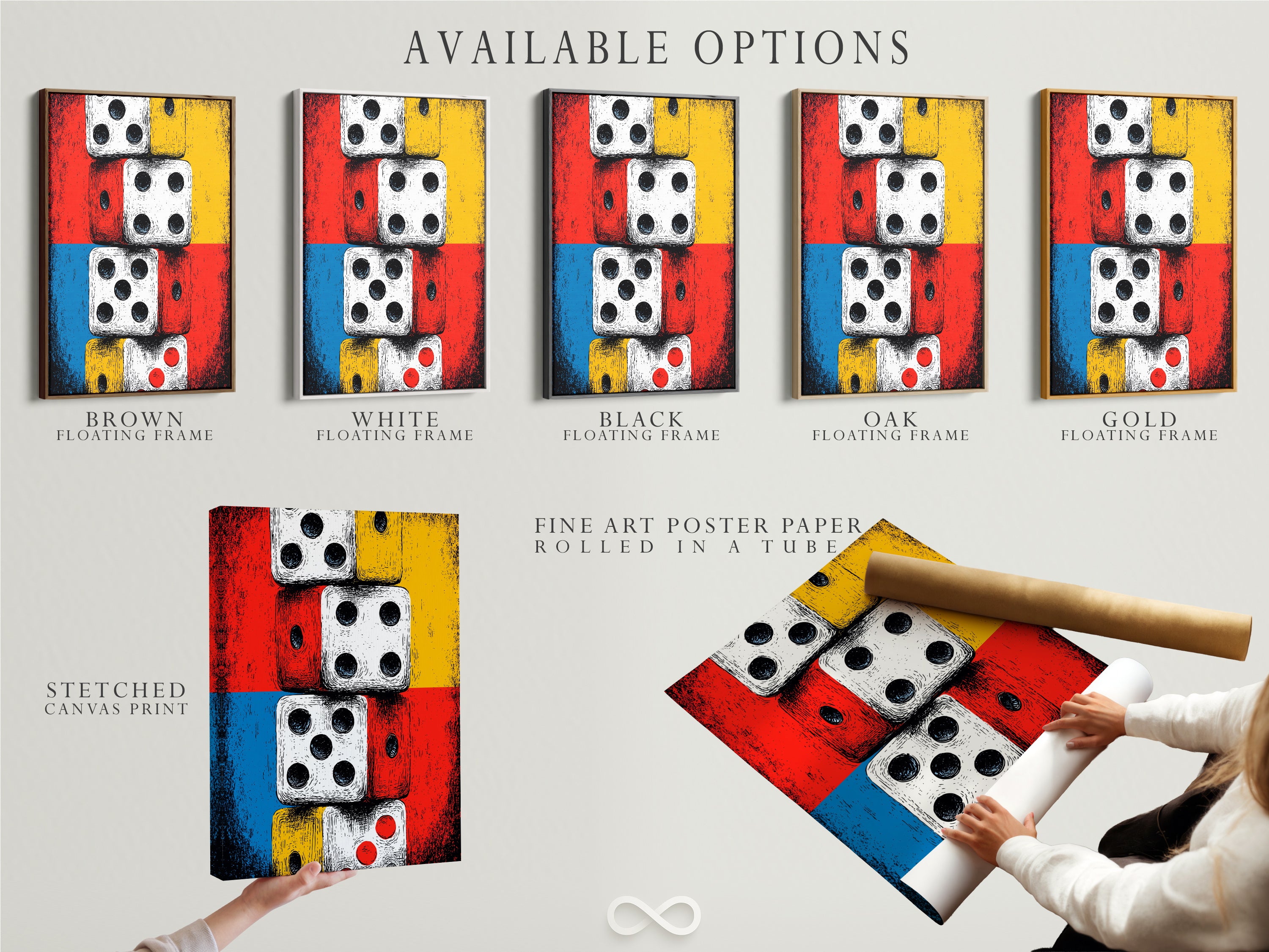 Available options are showcased: stretched canvas print fine art poster paper and floating frame. Choose the perfect style for your dice artwork. Ideal for homeowners and interior designers. Enhance your game room with this retro pop artwork. The primary colors are red and yellow.