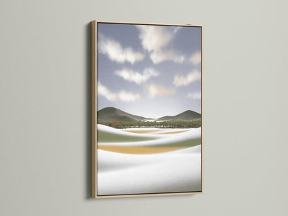 Coastal landscape artwork in an oak frame. This beach canvas print adds a touch of modern style to any room. Perfect ocean wall decor for a beach house. The serene nature print creates a calming atmosphere. Add coastal decor to your home today.