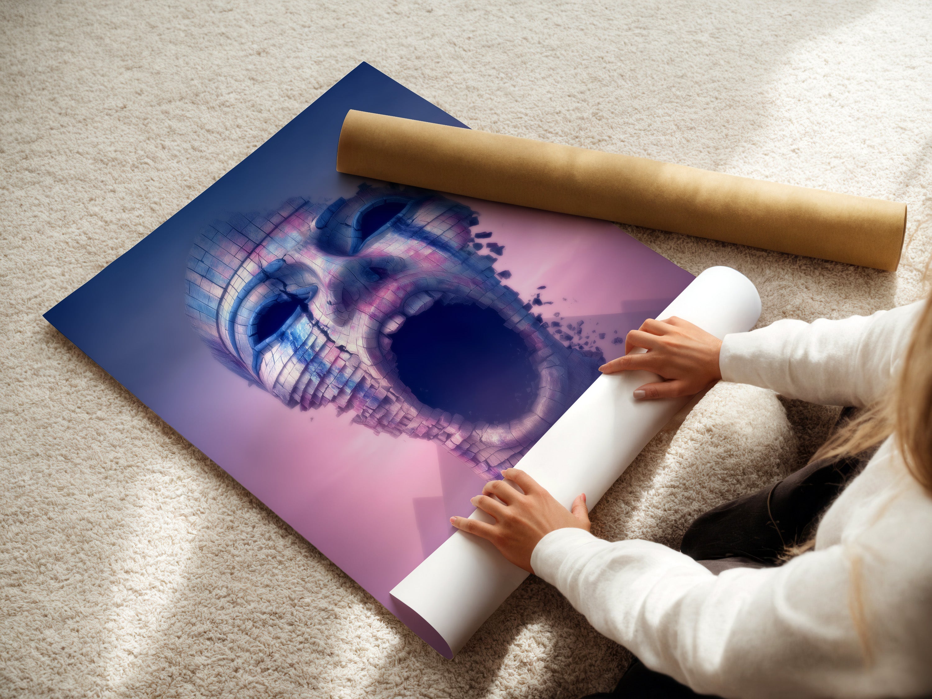 A woman is carefully rolling a fine art poster paper. The paper showcases a digital art print. This surreal and futuristic artwork features a face in purple and pink. Perfect for protecting and displaying contemporary wall art.
