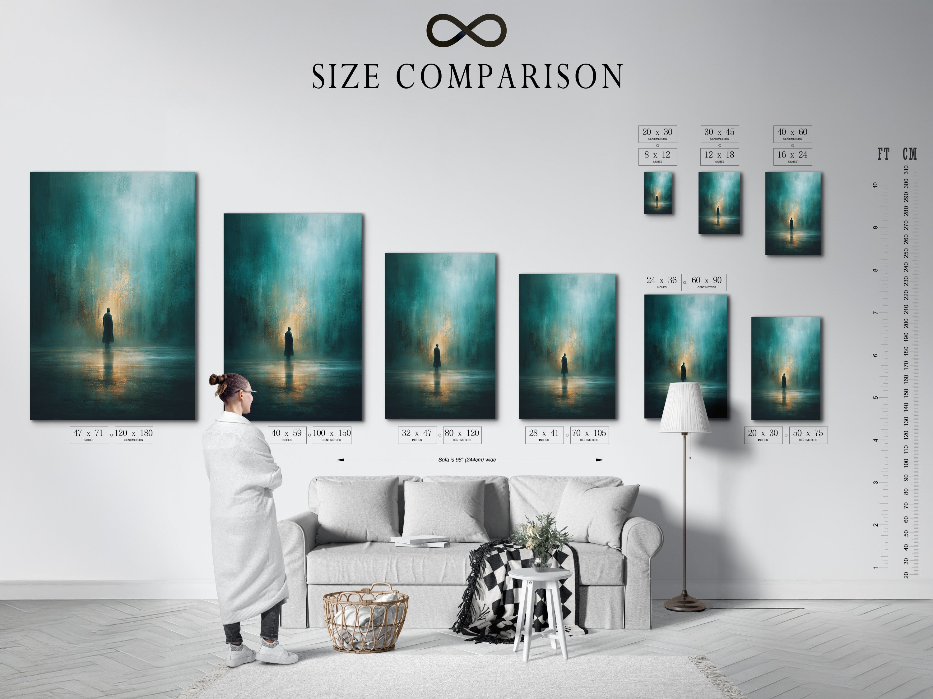 Size comparison chart displayed in an interior setting. Visualize the perfect art size for your space. Ensure the right fit and impact. Explore our range of sizes to find your ideal artwork dimensions now