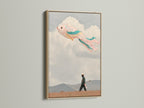 A surreal flying fish artwork is framed in oak. This whimsical artwork brings a dreamlike quality. The fish floats in a pastel sky. It enhances any space with its imaginative feel. Ideal for coastal minimalist or eclectic styles. The oak frame complements the artwork's airy and peaceful vibe.