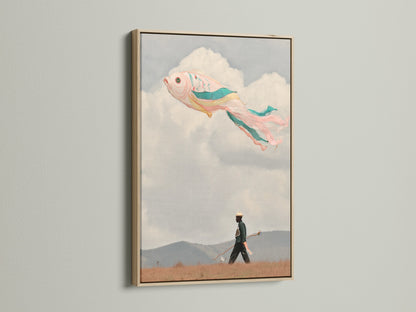 A surreal flying fish artwork is framed in oak. This whimsical artwork brings a dreamlike quality. The fish floats in a pastel sky. It enhances any space with its imaginative feel. Ideal for coastal minimalist or eclectic styles. The oak frame complements the artwork's airy and peaceful vibe.
