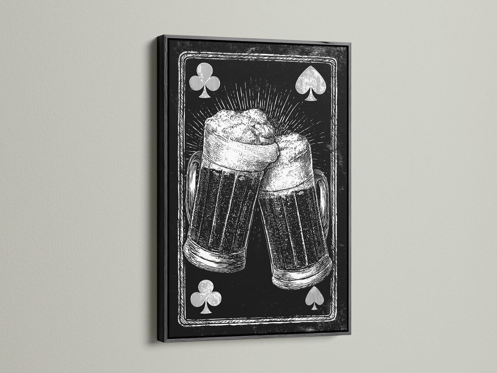 Framed artwork featuring a playing card beer mug art print. The artwork is framed in a black frame. The black frame adds a touch of sophistication. This makes the artwork pop. Ideal for a contemporary space.