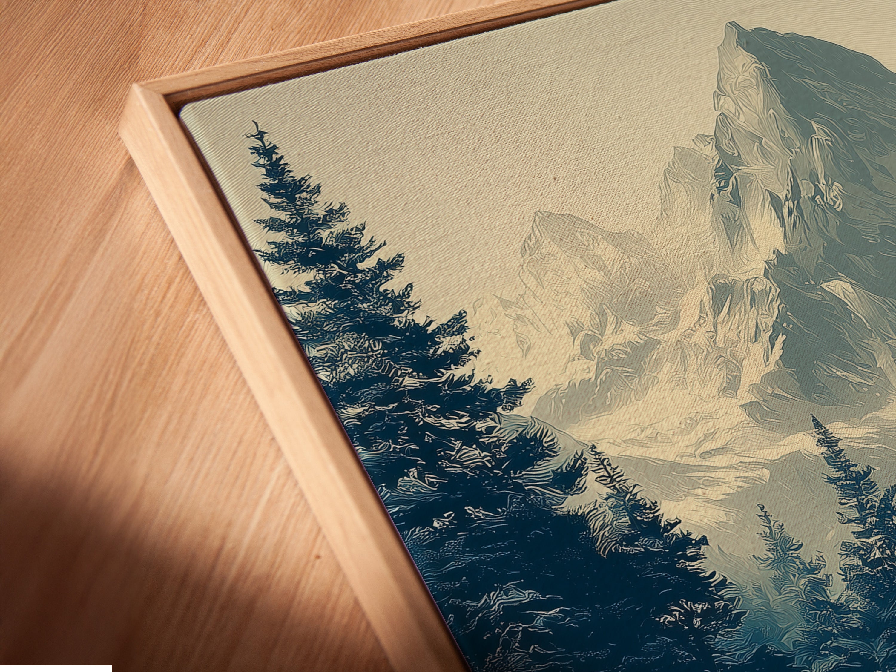 A close up angled view of a Buffalo Mountain Art canvas print. It is set in a floating frame. This western wildlife art is perfect for rustic decor. The vintage nature print adds wilderness to any room. Explore this bison canvas art option.