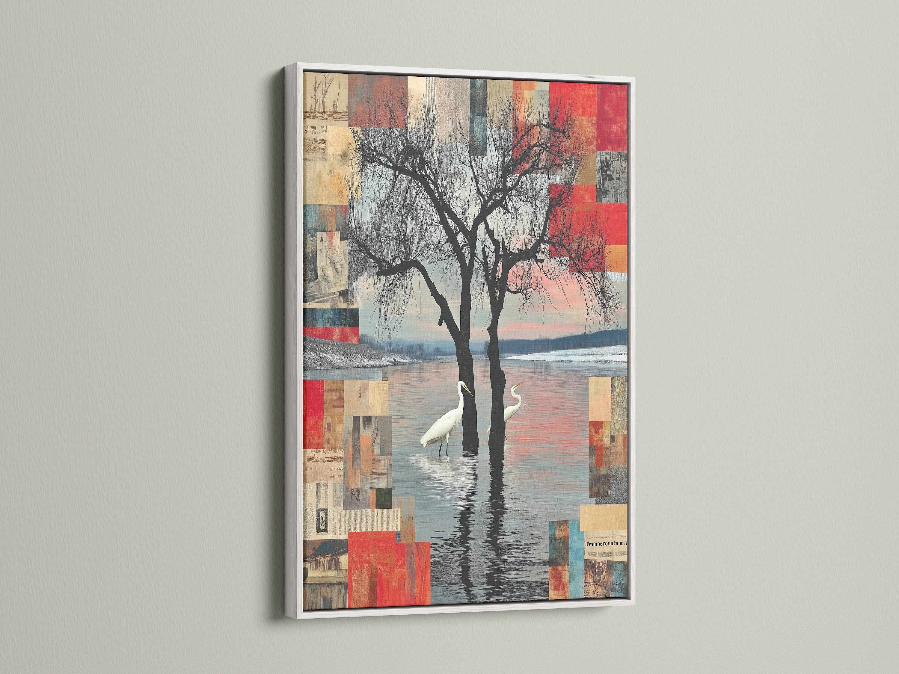 Crane Bird Abstract Lake Artwork with a white frame. This nature-inspired print brings a modern touch to any space. The white frame accentuates its serene qualities. Perfect as calming art for living rooms or offices.