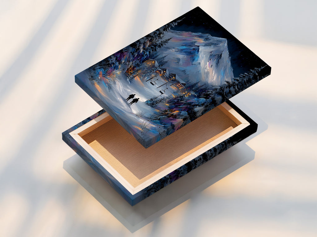 This is a stretched canvas print. The winter mountain artwork is ready to hang. It provides a seamless and professional look. Perfect for ski lodge decor and snowy cabin art. Enjoy the beauty of alpine landscapes in your home.