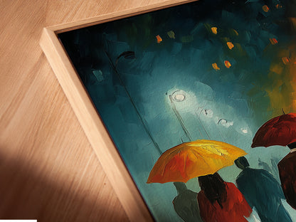 Close-up of a canvas print in a floating frame. The artwork depicts a rainy city scene with figures holding umbrellas. The floating frame adds a contemporary touch. Ideal for modern wall decor in any room or office.
