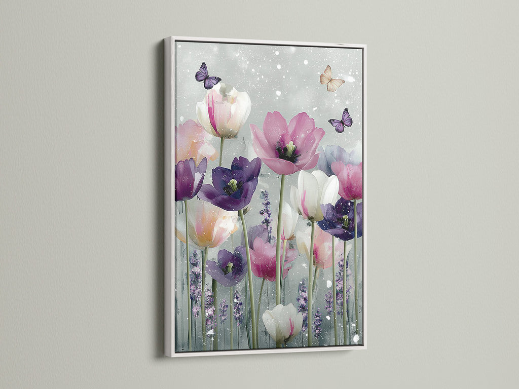 A serene white frame complements a floral art piece. The artwork includes tulips and delicate butterflies. The white frame offers a clean modern look. Perfect for any room. Discover the beauty of framed art.