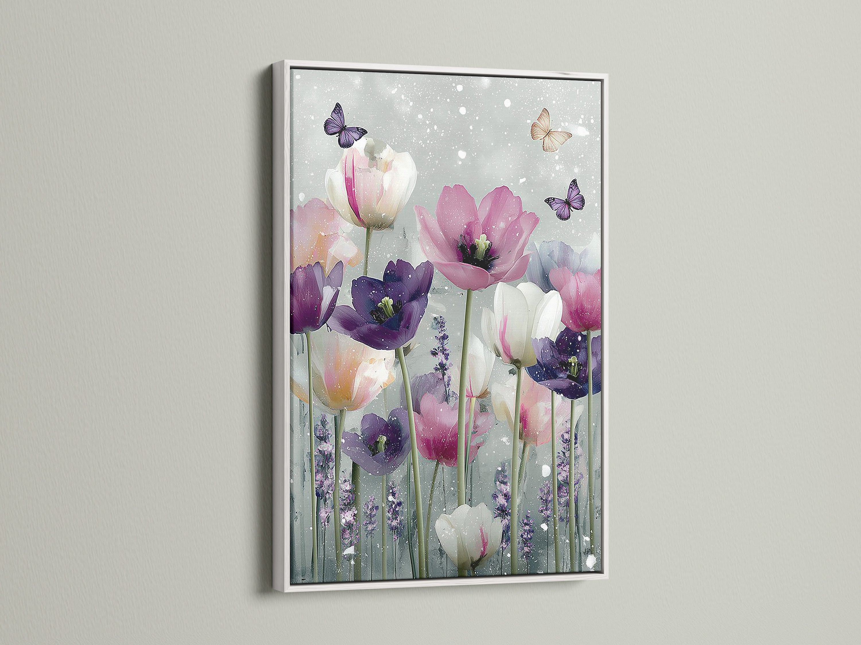 A serene white frame complements a floral art piece. The artwork includes tulips and delicate butterflies. The white frame offers a clean modern look. Perfect for any room. Discover the beauty of framed art.