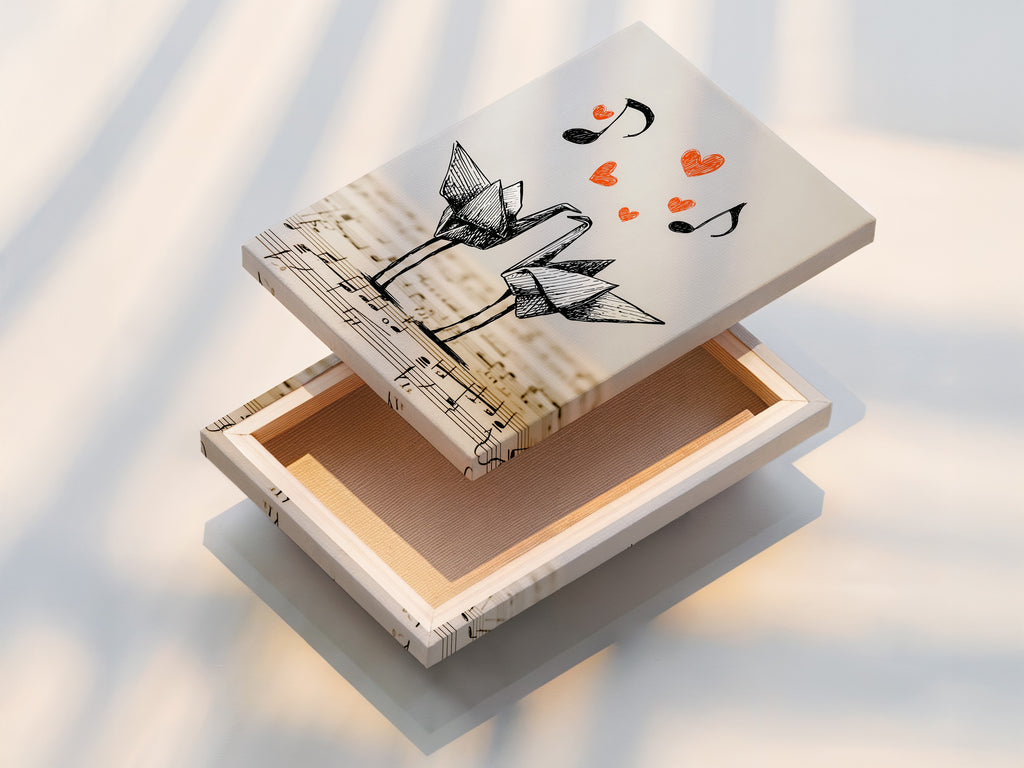 Stretched canvas print of origami cranes artwork. The artwork features two origami cranes on a music sheet background. Perfect for adding a minimalist touch to any room. Ready to hang and enjoy.