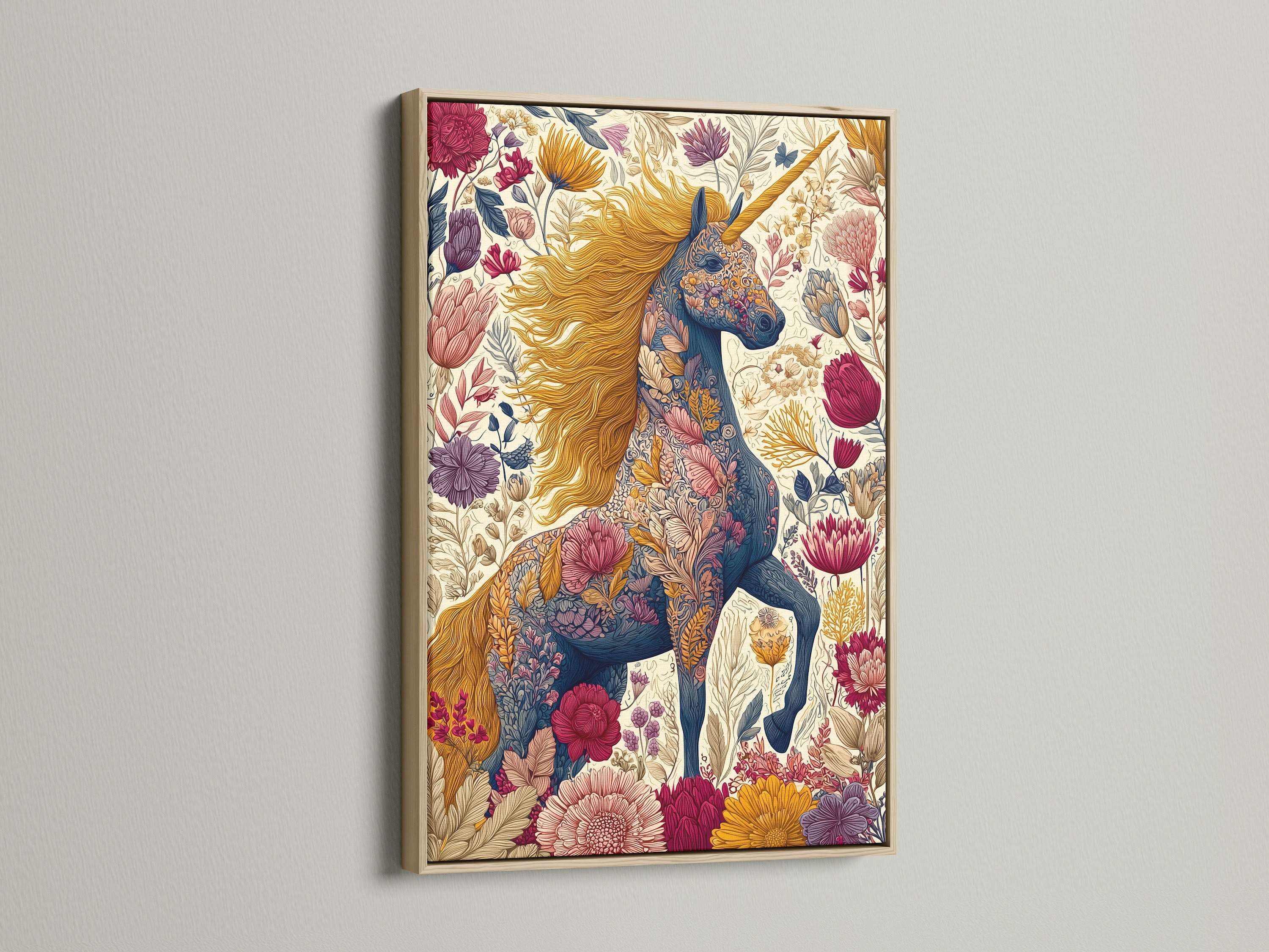 Enhance your floral unicorn print with an oak frame. This frame option adds a touch of nature to your fantasy canvas art. It is ideal for botanical horse art. Create a cohesive look with this stylish frame choice. Perfect for bohemian wall art and eclectic interiors.