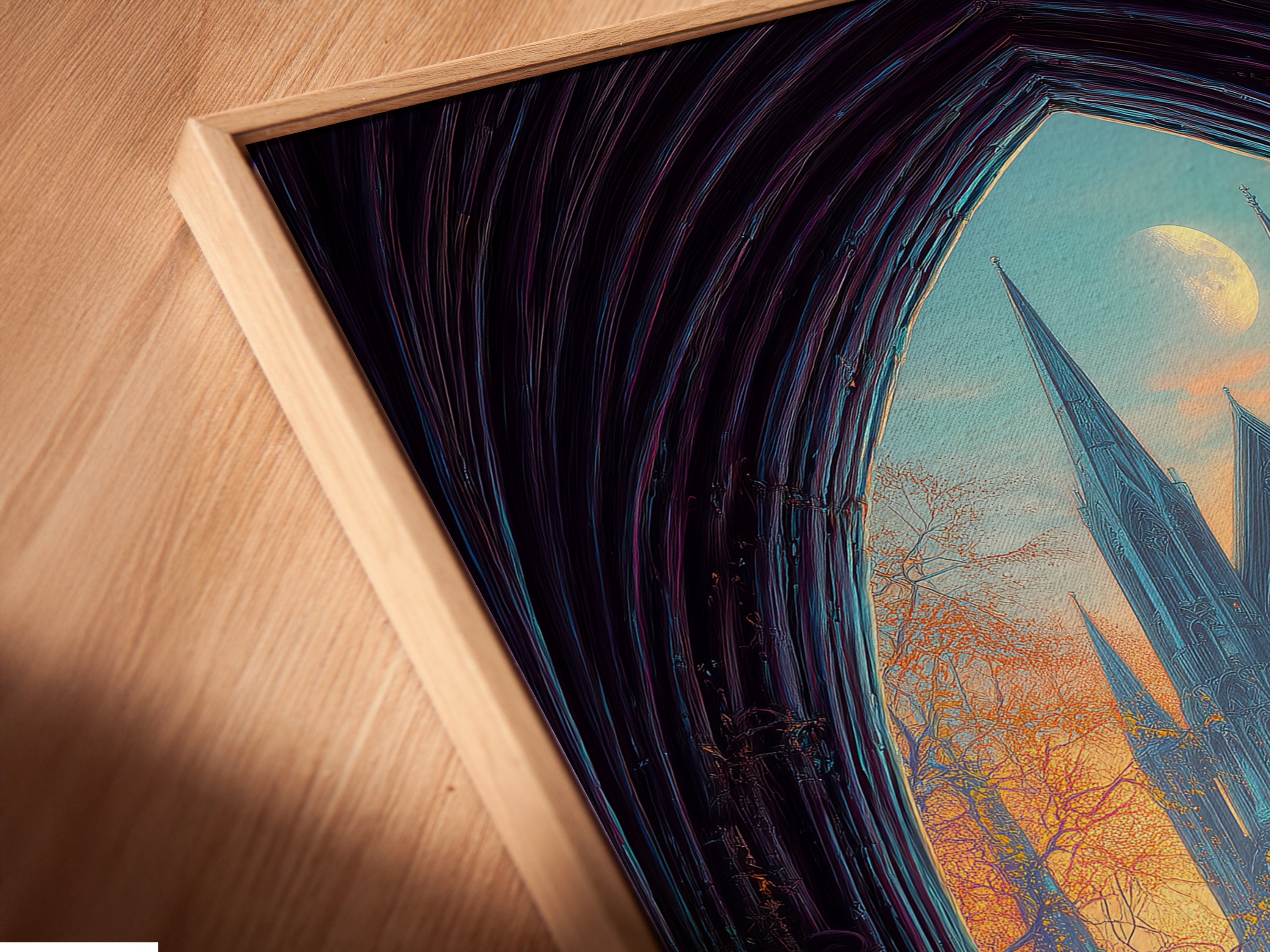 A close-up angled view of a canvas print. The artwork is showcased in a floating frame. It adds depth and dimension to the cathedral print. Perfect for lovers of gothic wall art. Experience the beauty of architecture art. Enhance your space with this moody autumn landscape.