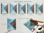 Available options for the Lake Como Italy artwork: stretched canvas print fine art poster paper and floating frame. Customize your Italian coastal wall art to fit your style. The teal mountain landscape looks stunning in any format. Choose the perfect option for your office or home. The lake view print is versatile.