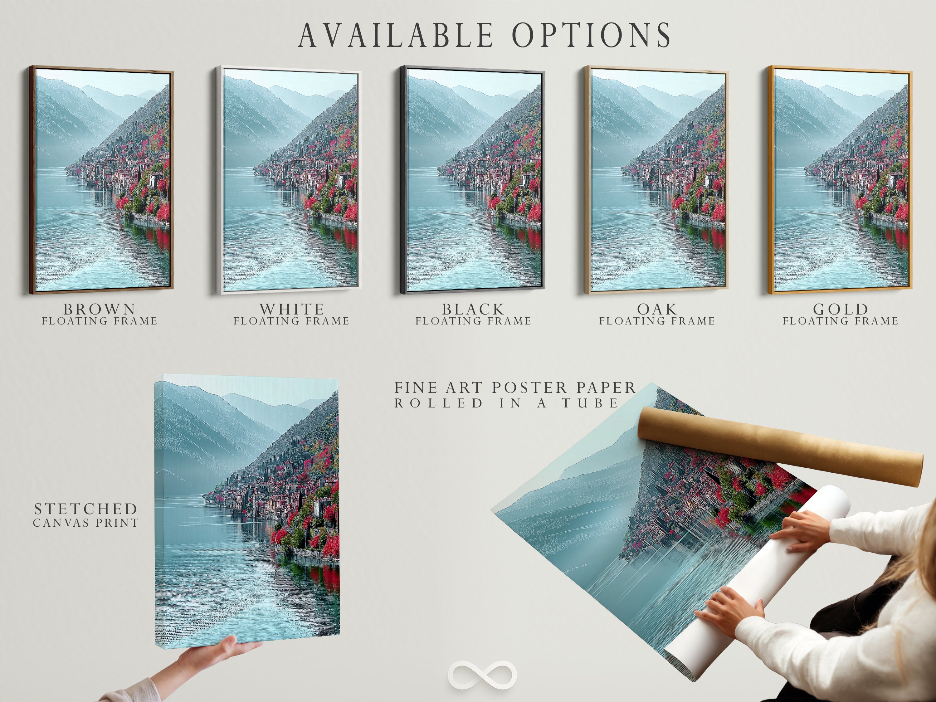 Available options for the Lake Como Italy artwork: stretched canvas print fine art poster paper and floating frame. Customize your Italian coastal wall art to fit your style. The teal mountain landscape looks stunning in any format. Choose the perfect option for your office or home. The lake view print is versatile.