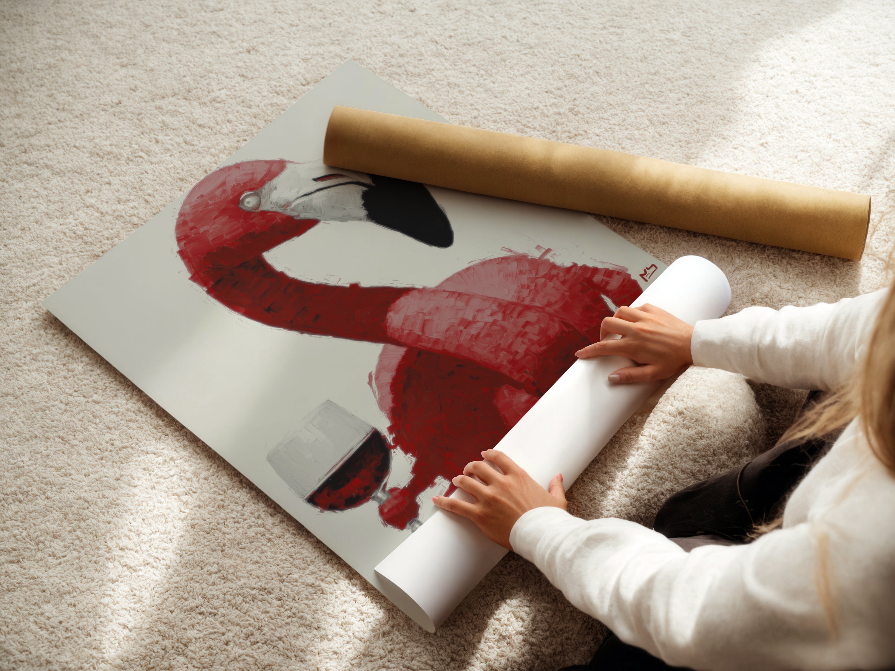 A woman is carefully rolling a fine art poster paper of a pink flamingo wine art print. This modern animal artwork is perfect for any space. Ideal for adding a touch of whimsy and elegance to your decor. Shop now for your unique piece.