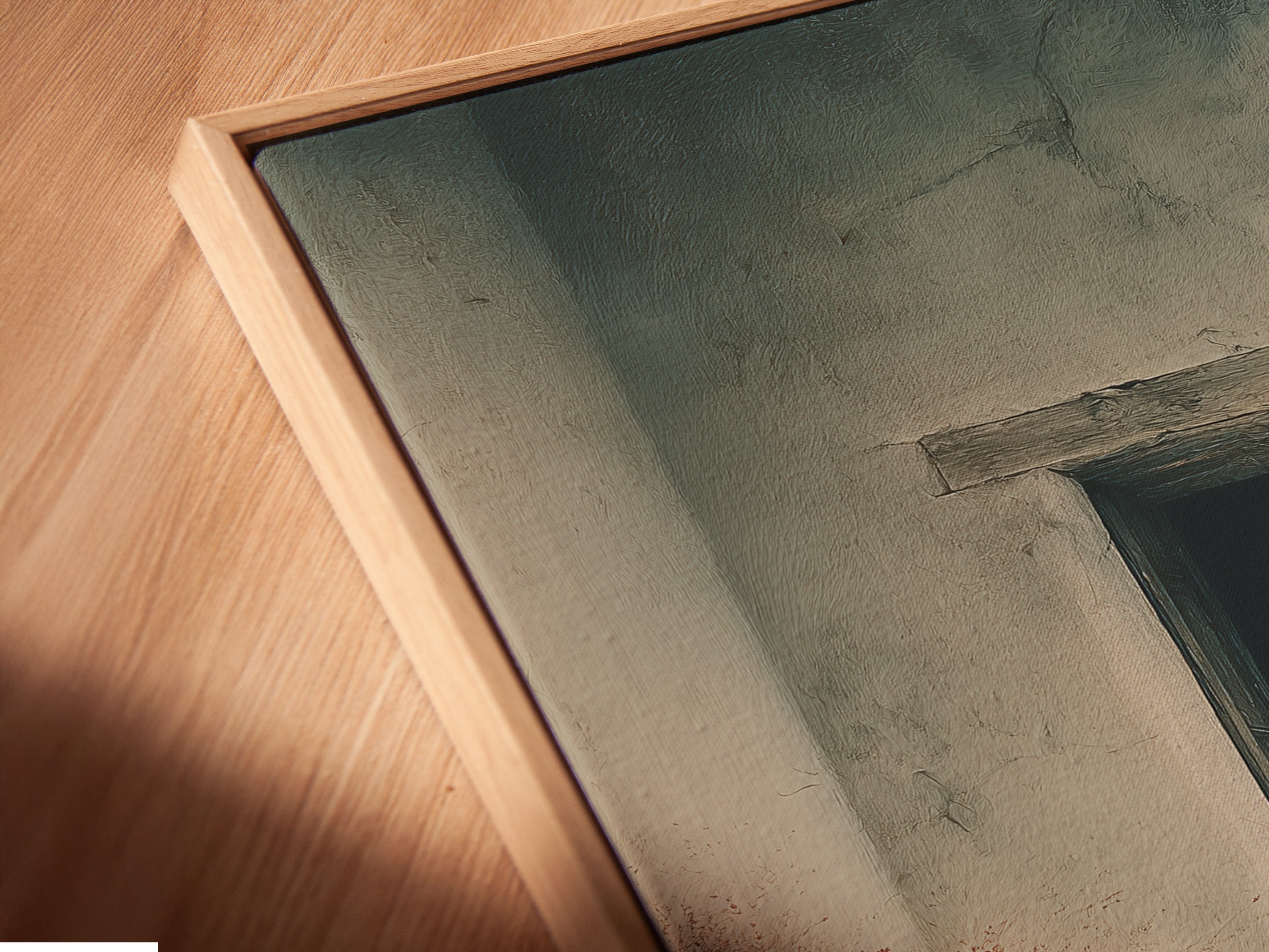 Get a closer look at our canvas print in a floating frame. The angled shot showcases the depth and texture. The floating frame adds a modern touch. Experience art like never before. Explore our framed canvas prints now.