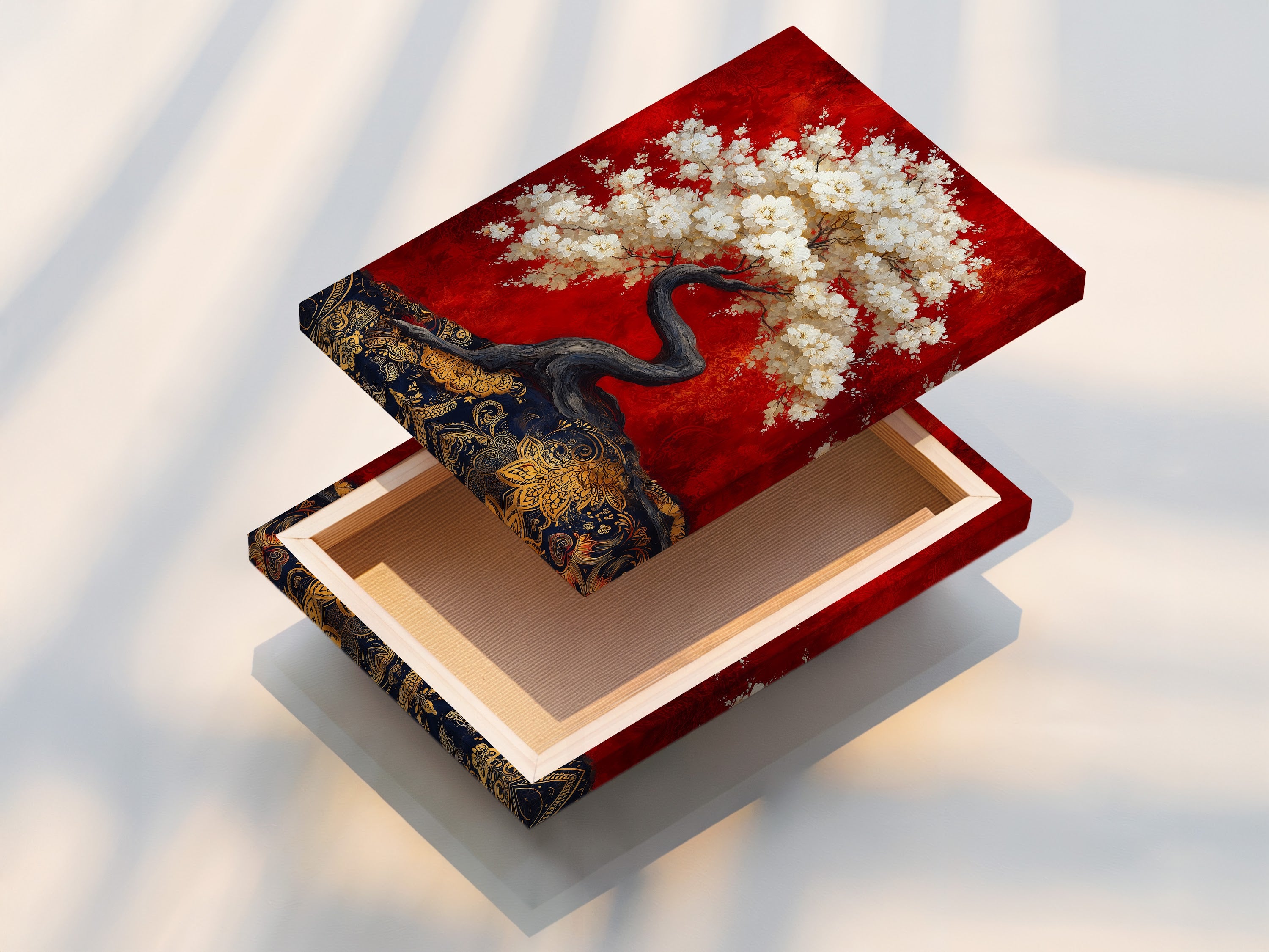 A stretched canvas print showcases the cherry blossom tree artwork. The Japanese bonsai canvas wall art is ready to adorn your walls. This red canvas art adds a touch of oriental elegance to any room. The Asian home decor creates a serene and inviting atmosphere. It is ideal for living room wall art.