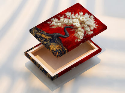 A stretched canvas print showcases the cherry blossom tree artwork. The Japanese bonsai canvas wall art is ready to adorn your walls. This red canvas art adds a touch of oriental elegance to any room. The Asian home decor creates a serene and inviting atmosphere. It is ideal for living room wall art.