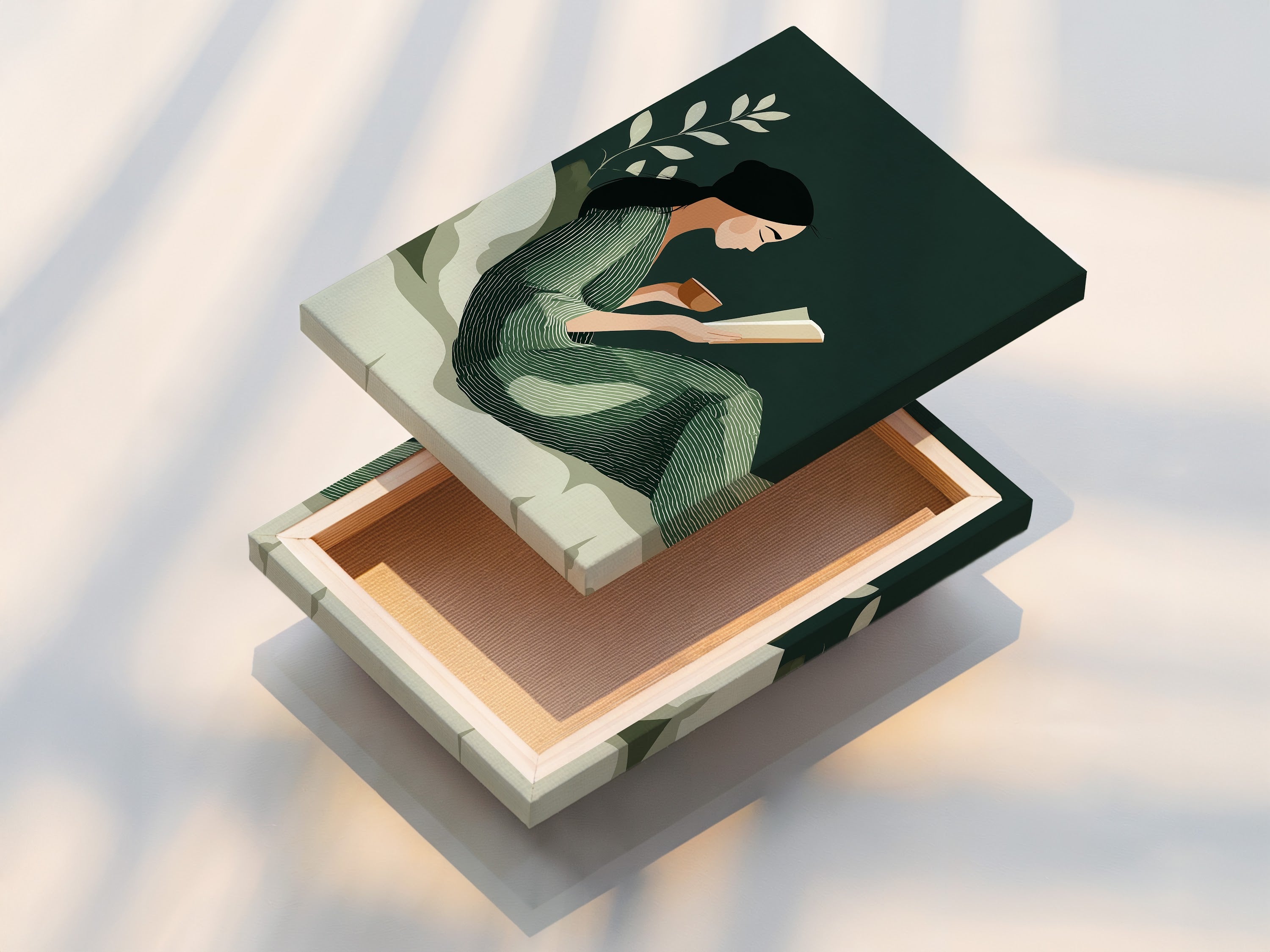 This is a stretched canvas print featuring the Reading Woman art. The artwork is ready to hang and enjoy. Stretched canvas provides a gallery-quality look. The sage green botanical print adds a calming touch to your living room or bedroom. This is modern minimalist decor.