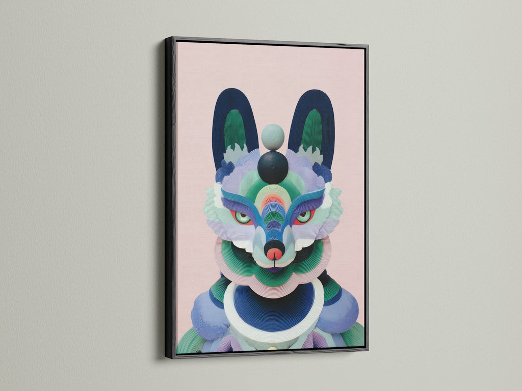 Abstract fox art in a black frame. This colorful wall art is perfect for a nursery or bedroom. The geometric animal artwork adds a modern and playful element to any interior with its vibrant design.