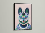 Abstract fox art in a black frame. This colorful wall art is perfect for a nursery or bedroom. The geometric animal artwork adds a modern and playful element to any interior with its vibrant design.