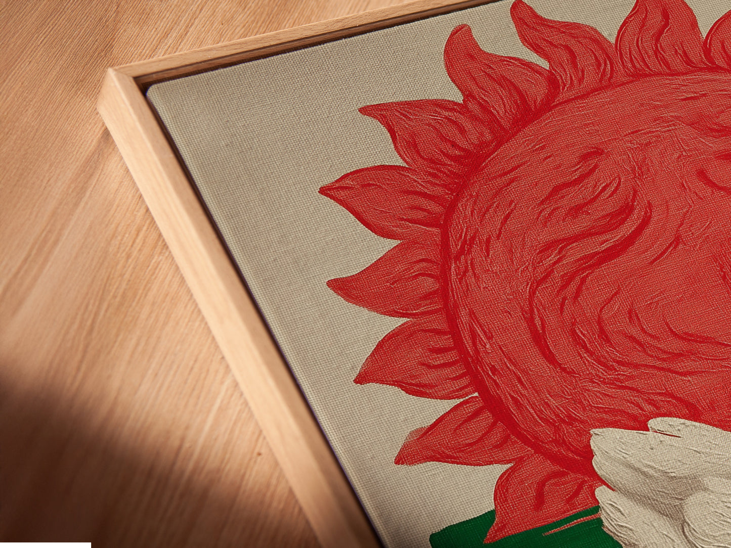 Angled close up of a duck canvas print in a floating frame. The art features a white duck floating on green water with orange sunflowers. A red sun is in the background. The red green and orange colors make this a vibrant piece of art.