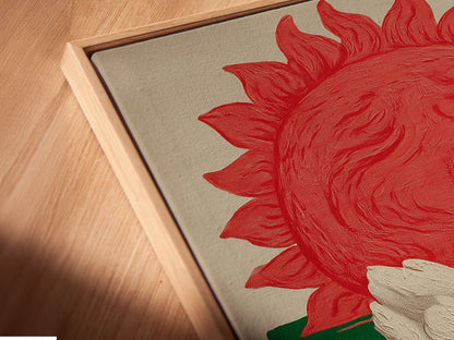 Angled close up of a duck canvas print in a floating frame. The art features a white duck floating on green water with orange sunflowers. A red sun is in the background. The red green and orange colors make this a vibrant piece of art.
