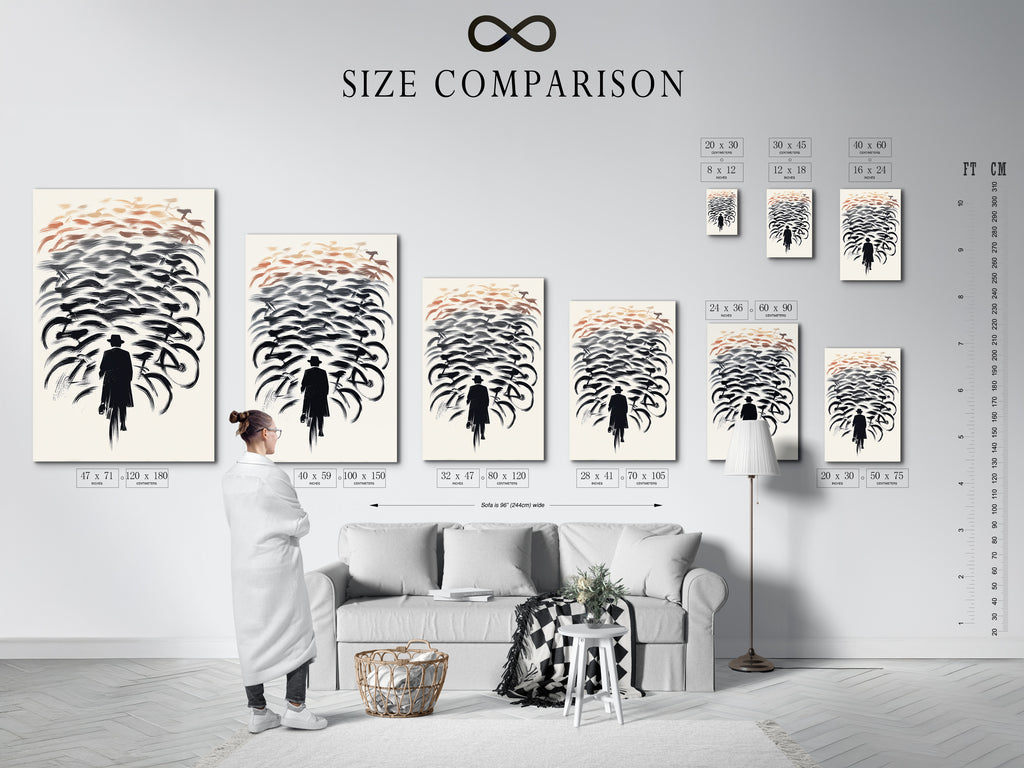 A size comparison chart displayed in a modern interior. Helping you choose the perfect bicycle canvas print. Visualize how the bikes wall art will fit. Find the ideal size for your abstract cycling poster and cyclist artwork.