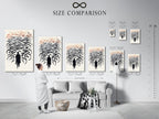 A size comparison chart displayed in a modern interior. Helping you choose the perfect bicycle canvas print. Visualize how the bikes wall art will fit. Find the ideal size for your abstract cycling poster and cyclist artwork.
