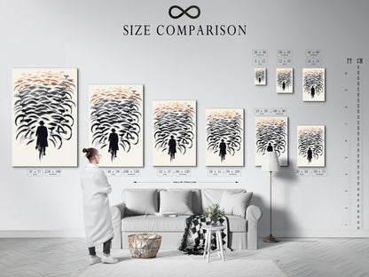 A size comparison chart displayed in a modern interior. Helping you choose the perfect bicycle canvas print. Visualize how the bikes wall art will fit. Find the ideal size for your abstract cycling poster and cyclist artwork.