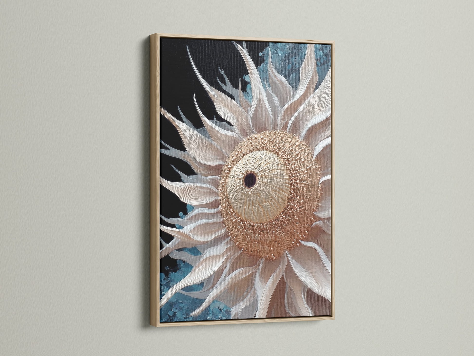A beige sunflower art is showcased in an oak frame. The floral canvas adds a touch of modern elegance to the wall. Perfect as botanical print for living spaces. The neutral wall art complements any scandi or minimalist home. An ideal flower artwork for a dining area or bedroom.